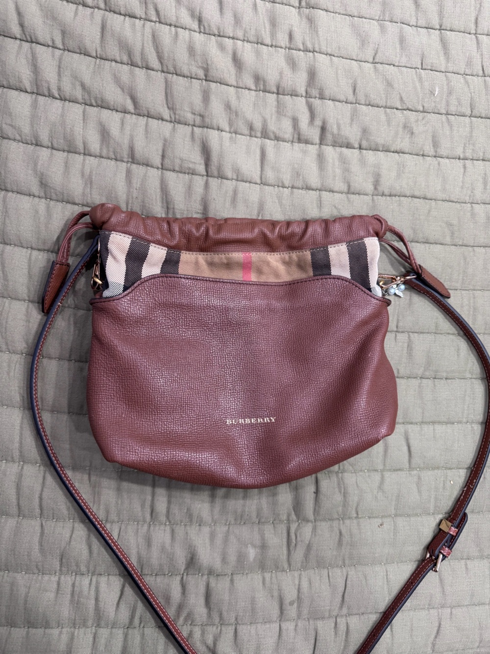 Burberry Wine Leather Crossbody with Iconic Check Accent